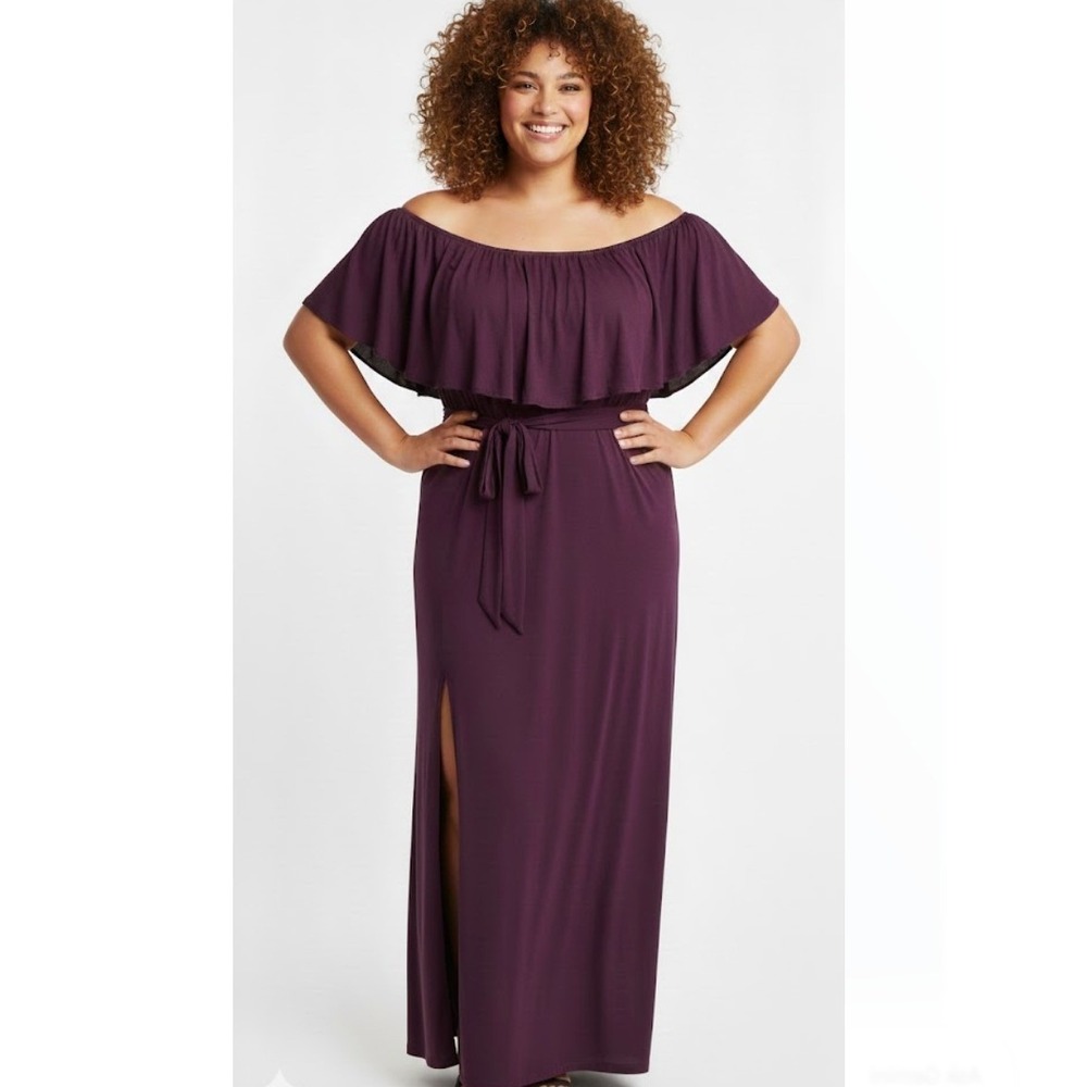 NEW PINUP FASHION Purple Off Shoulder Ruffle Maxi Dress Belt Pockets Slit‎ XL